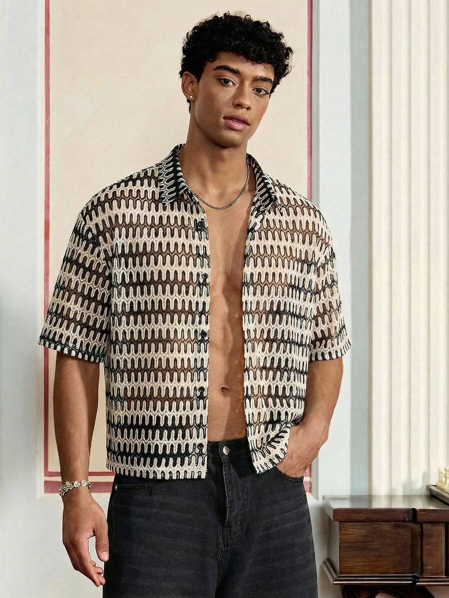 Manfinity Unisex Men's All-Over Print Button Front Casual Short Sleeve Shirt, Summer - White - View 1