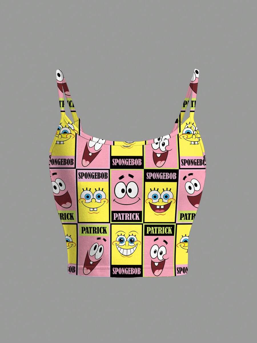 SpongeBob SquarePants | SHEIN Women's Letter & Cartoon Print Fitted Camisole Tank Top, Summer - White - View 1