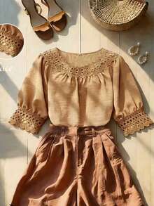 SHEIN LUNE Blus Wanita Kasual Serbaguna Warna Polos dengan Tekstur Ruffle dan Lengan Lentera Setengah Lengan, Musim Semi/Panas - Khaki - View 1