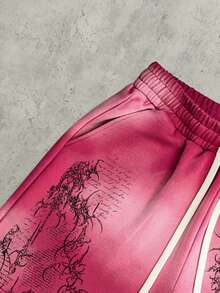 ROMWE MEN Street Life Men's Casual Street Graffiti Print Drawstring Waist Shorts, Summer - Pink - View 4