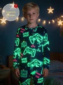 Men's Neon Glow-In-The-Dark Cartoon Gaming Theme Sleepwear Set, Long Sleeve Top And Pants, Requires UV Light To Glow - Multicolor - View 3