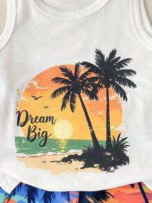 SHEIN Playful Pals 3 pièces Ensemble d'été pour bébé garçon, débardeur blanc avec imprimé lettres à la mode, short de plage avec imprimé palmiers, chapeau assorti. Convient pour les vacances à la plage, le port décontracté quotidien, les activités extérieures - Multicolore - Voir 7