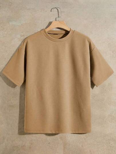 HIMLAND Men's Casual Solid Color Round Neck Short Sleeve T-Shirt, Versatile For Summer Men Boxy T Shirts Plain T Shirt Shortsleeve T Shirt Brown T Shirt Ribbed T Shirt