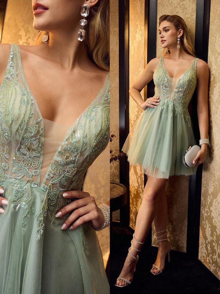 TULLE & SEQUIN EMBROIDERED COCKTAIL DRESS