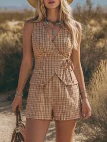 Wildy Bộ đồ nữ 2 mảnh phong cách BOHO Mỹ thường ngày, kiểu miền Tây hoang dã, họa tiết kẻ caro, gồm áo không tay và quần short, thích hợp mặc hàng ngày, đi làm, mùa xuân/hè. - Màu Khaki - Xem 9