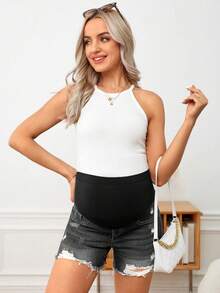 SHEIN Shorts vaqueros de maternidad con dobladillo deshilachado y cintura ajustable - Negro - Ver 4