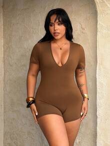 Rustia Plus Size Women's V-Neck Deep V Jumpsuit Shorts, Casual Basic Jumpsuit For Home & Outdoor, Minimalist Sexy Jumpsuit, Spring/Summer - Brown - View 3