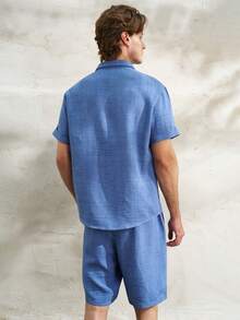 Airaco 男士时尚休闲竹编短袖衬衫套装 - 藍色 - 查看 2