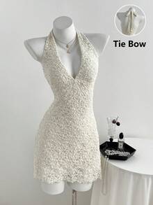 Elamini 女士深V领提花针织修身A字简约时尚迷你连衣裙 - 杏色 - 查看 3