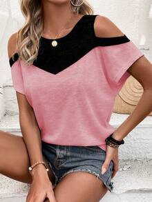 SHEIN LUNE Color Block Open Shoulder T-Shirt Graphic Tees Women Tops - Multicolor - View 1