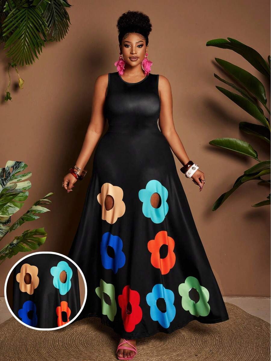 Maweii Spring And Summer Round-Neck Sleeveless Cartoon Multicolor Printed Lace-Up A-Line Black Body-Enhancing Dress. Knitted Elastic Fabric For Vacation And Casual Wear. Simple And Fashionable Design With A Unique, Small-Batch Style. Essential New Arrival For Daily Wear. Plus-Size Long Dress For Women Curve Long Dress - Black - View 1