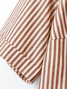 SHEIN LUNE 大码女式棉麻条纹圆领前开襟七分袖休闲度假衬衫新款上市，女士衬衫，新款优雅棉质商务休闲女式上衣，最新款女式上衣上市 - 卡其色 - 查看 4