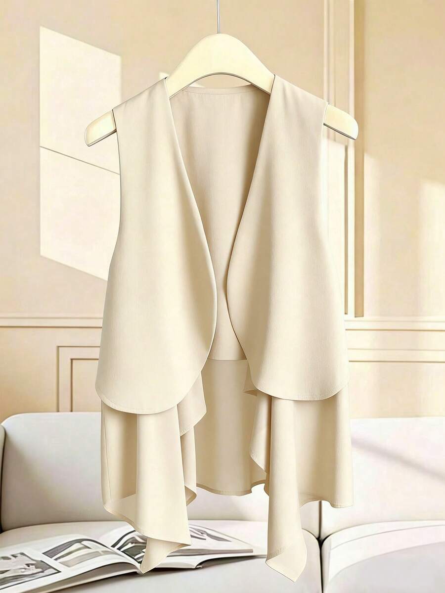 Franclia Áo khoác cardigan dáng lửng không tay cổ chữ V vạt lệch, phối nhiều mảnh vải, dành cho nữ. - Màu be - Xem 1