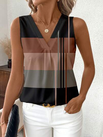 EMERY ROSE Casual Women's Plus Size Notched Neck Striped Blouse No Sleeve Regular Fit Multicolor Woven Fabric Top,Spring/Summer/Vacation