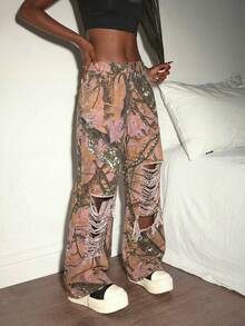 Slaydiva 女士全印花破洞阔腿休闲牛仔裤 - 彩色 - 查看 3