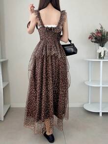 FRIFUL Women's Elegant Summer Long Dress,Brown Checkered Leopard Print Mesh Fabric Decor Frill Trim Cap Sleeve Sweet Layered Boho Sun Vacation Outfits - Brown - View 5