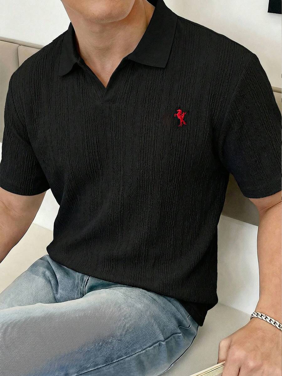 SWAVVY 男士休闲通勤骑行刺绣纹理面料短袖Polo衫，夏季 - 黑色 - 查看 1