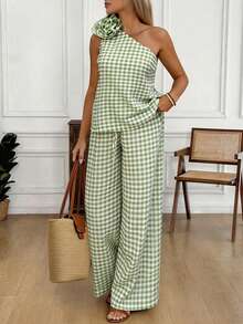 Easowa Bộ đồ mùa hè thường ngày họa tiết kẻ caro hoa lá, gồm áo lệch vai và quần ống rộng. - màu xanh lá - Xem 3