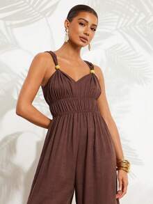 Gownix Women's Brown And Gold Summer Casual Vacation Holiday Jumpsuit,V-Neck Spaghetti Strap Sleeveless Wood Button Wide Leg Boho Romper,Ruched Playsuits - Brown - View 6