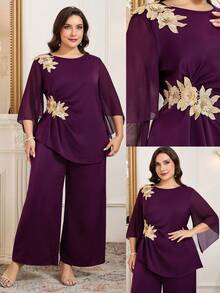 Reflora 大码女式缀饰喇叭袖衬衫和阔腿裤优雅两件套 - 紫色 - 查看 2