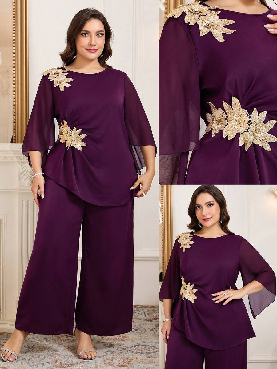 Reflora 大码女式缀饰喇叭袖衬衫和阔腿裤优雅两件套