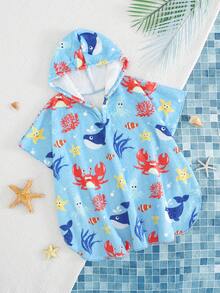 SHEIN Young Boy Ocean Creature Print Hooded Swimsuit Top - Blue - View 1