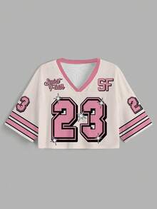 Slaydiva 春夏新款女式休闲V领宽松露脐五分袖网眼T恤/Y2K风格服装/外出穿搭/返校季/休闲装/街头风/适合运动/Saint&Faith NO.23印花粉色足球球衣露脐上衣女式上衣和衬衫Y2K露脐上衣，夏季上衣 - 彩色 - 查看 4