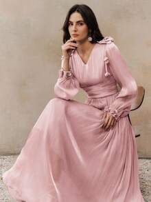 Anewsta 女士长款褶裥腰部闪亮优雅百搭连衣裙，春秋季款。肩部和袖口饰有 3D 立体花朵，点缀水钻，尽显奢华高端品质，适合派对、新年、圣诞节、情人节等场合。 - 粉色 - 查看 2