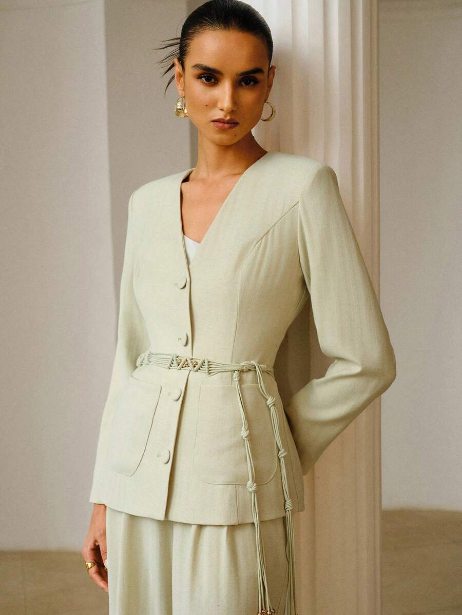 ZEYLAH Elegant Linen Belted Jacket With Round Neck, Spring/Summer - Mint Green - View 1