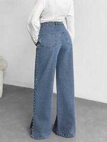Side Pearl Jean High Rise Wide Leg Side Slit Denim - Light Wash - View 2