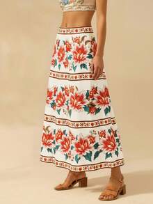 CAJUNI Jupe bohème d'été ample à taille haute avec imprimé floral pour femmes, idéale pour les vacances à la plage. Jupe longue fleurie pour le Nouvel An, la Saint-Valentin, les vacances d'été, le printemps, le carnaval, les fêtes, la plage, les occasions décontractées. - Beige - Voir 1