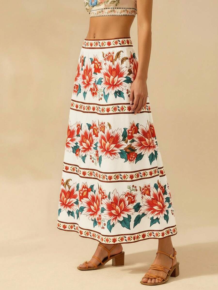 CAJUNI Jupe bohème d'été ample à taille haute avec imprimé floral pour femmes, idéale pour les vacances à la plage. Jupe longue fleurie pour le Nouvel An, la Saint-Valentin, les vacances d'été, le printemps, le carnaval, les fêtes, la plage, les occasions décontractées. - Beige - Voir 1