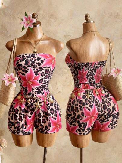 BamGleam 女士豹纹印花抹胸上衣和短裤两件套，夏季