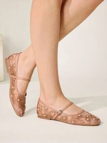 CUCCOO CHICEST 四季新款刺绣珍珠低帮方头平底鞋优雅时尚网面女式平底鞋软底芭蕾舞鞋优雅通勤玛丽珍鞋 - 棕色A - 查看 10