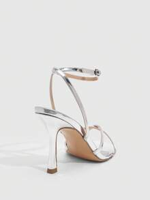 CUCCOO SZL 女鞋 新款简约时尚高跟鞋 配色喷漆细方跟踝带圆头交叉绑带性感百搭通勤镜面PU材质春夏四季职场节日派对约会街头时尚经典凉鞋优雅女鞋 - 銀色 - 查看 3