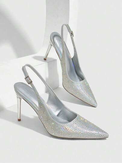 CUCCOO SZL 女鞋 新款欧美简约时尚法式高跟鞋 配色电镀高跟细跟尖头露跟后跟提拉扣浅口小方口性感舒适轻便通勤春秋季职场经典单鞋节日街头优雅气质女鞋 PU面全钻优雅性感尖头经典百搭细高跟鞋通勤约会派对