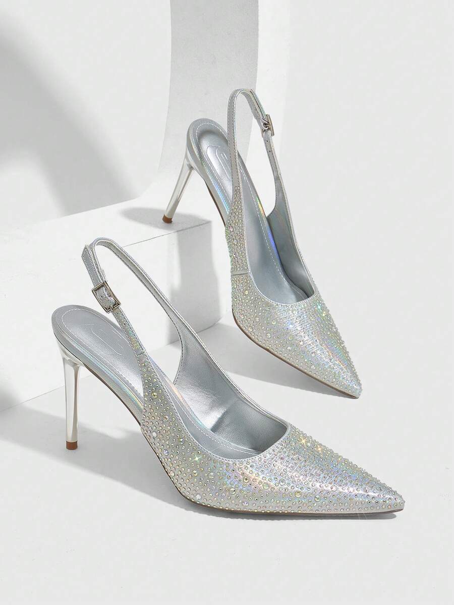 CUCCOO SZL Women Shoes Women's New European And American Simple Fashion French High Heel Color Scheme Electroplated High Heel Thin Heel Pointed Slingback Rear Lift Buckle Low Vamp Sexy Comfortable Lightweight Commuting Spring Autumn Workplace Classic Shoes Festival Street Elegance Temperament Women's Shoes PU Face Rhinestone Elegant Sexy Pointed Classic Versatile Thin High Heel Shoes Commuting Dating Party Spring Shoes - Silver - View 1
