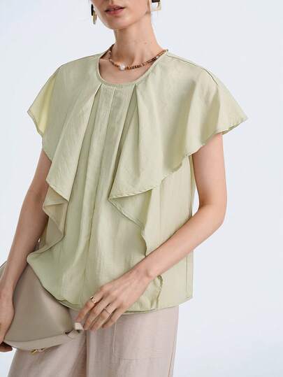 Aalyst Women's Summer Casual Elegant Blouse, Suitable For Outings, Dates, New Year, Valentine's Day, Easter, Mother's Day, Middle Eastern Weddings, Featuring A Refined, Fashionable, Graceful, Vintage-Inspired, Minimalist Design With A Round Collar, Regular Fit, And Ruffle Sleeves, In Green Color