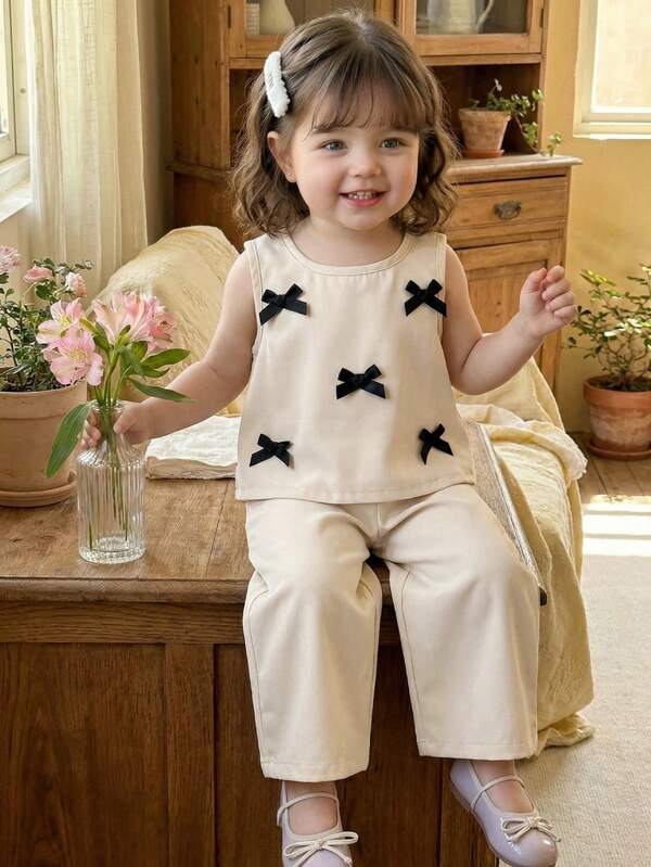 SHEIN Playful Pals 2pcs/Set Infant Toddler Unisex 0-3Y Fashion Cute 3D Bow Decor Sleeveless Top And Shorts Set, Suitable For Daily Wear, Vacation, Spring/Summer Bow Baby Girl Outfit Bow Toddler Outfit Baby Girl Casual Pant Set Toddler Co Ord Toddler Bows Outfit Toddler Girl Clothing Set Toddler Lounge Set