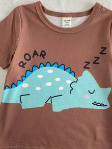 SHEIN Playful Pals Toddler Casual Dinosaur Pattern Knitted 3 Pieces Set , Short Sleeve T-Shirt, Spring/Summer - Multicolor - View 5