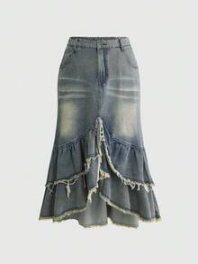 ROMWE Hippie Falda larga vintage Y2K de mezclilla desgastada y lavada con volantes de estilo de cola de sirena, talla grande - Agua verde azul - Ver 1