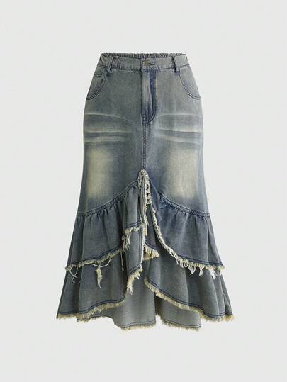 ROMWE J-Fashion Vintage Y2K Distressed Washed Denim Mermaid Ruffle Hem Maxi Skirt, Plus Size