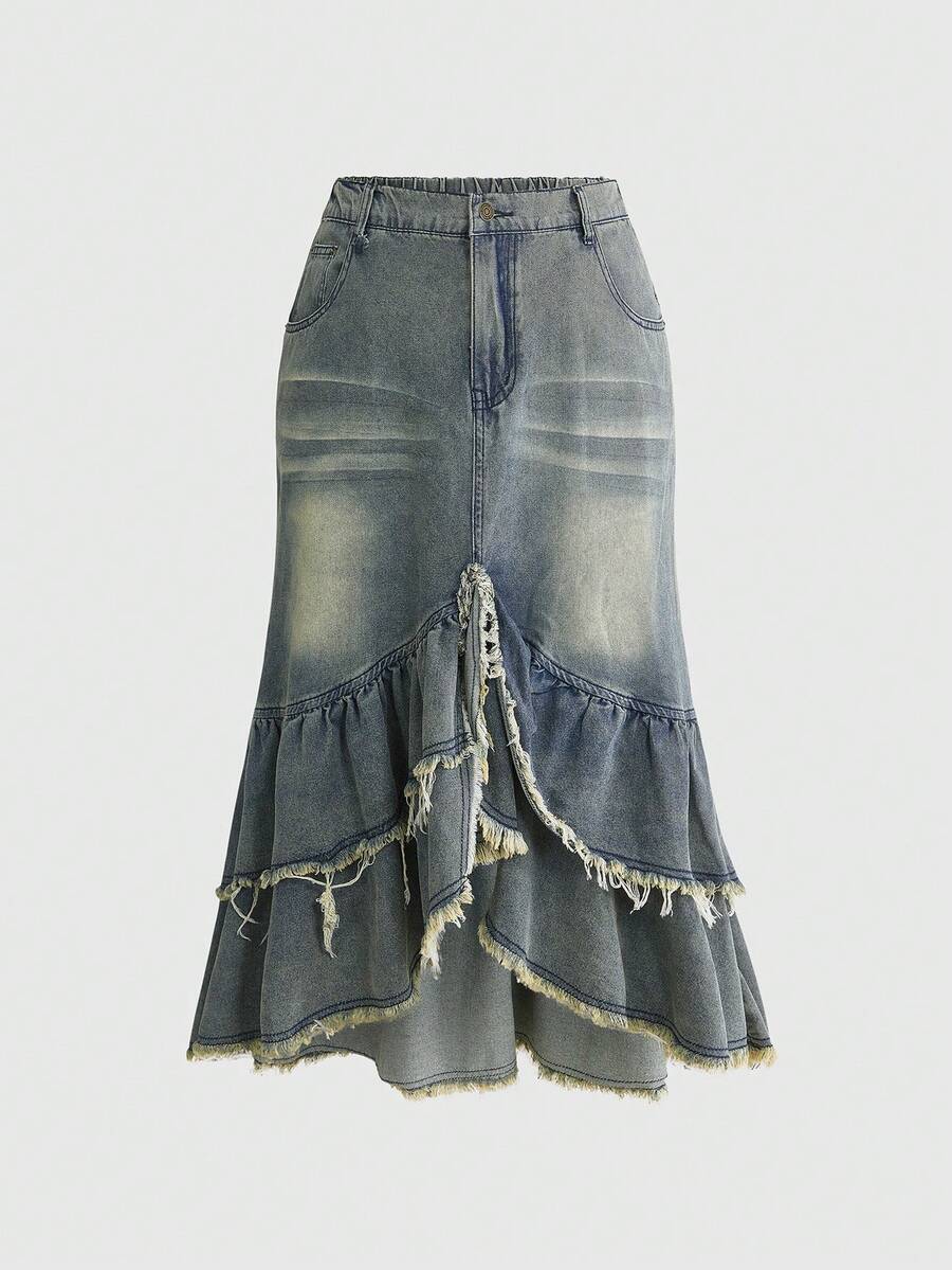 ROMWE Hippie Falda larga vintage Y2K de mezclilla desgastada y lavada con volantes de estilo de cola de sirena, talla grande - Agua verde azul - Ver 1