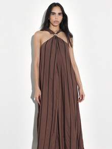 KSTM 女士吊带条纹长款连衣裙，无袖及地，夏季飘逸A字型晚礼服，波西米亚风休闲长裙，系带设计 - 棕色 - 查看 3