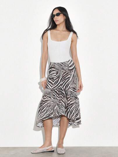 KSTM Gonna midi a vita alta con volant, stile avvolgente, stampa animalier zebrata, leggera e femminile, adatta per l'estate, casual e da spiaggia