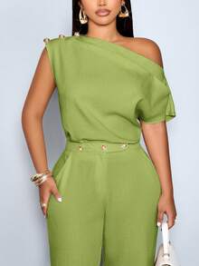 SOLERSUN Women's Plus Size Spring/Summer Elegant Asymmetrical Collar Sleeveless Metal Button Fitted Solid Color Blouse One Shoulder Shirt One Shoulder Top Office Date Evening Top Office Commuter Blouse, Top For Daily Wear Modest Clothes For Ladies Outfit Women Women Spring Outfit Women S Summer Outfits Women S Holiday Co Ord - Green - View 7