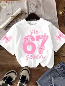少女休闲简约个性酷炫数字67，蝴蝶结装饰，白色短袖圆领印花T恤，适合夏季穿着 - 彩色 - 查看 2