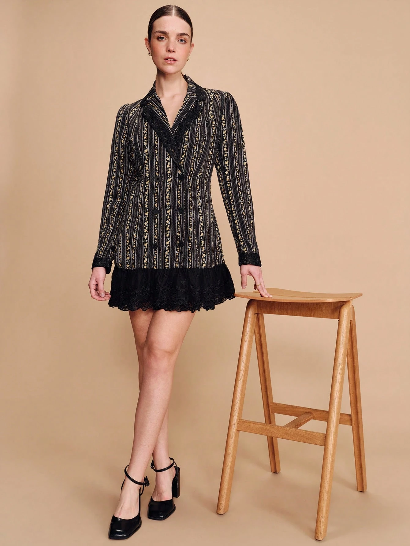 Black Fitted Blazer Style Mini Dress With Tailored Waist Long Sleeves And Lace Hem Detail In Floral Striped Fabric Chic Feminine Dress French Style Parisian Style Business Casual Dress