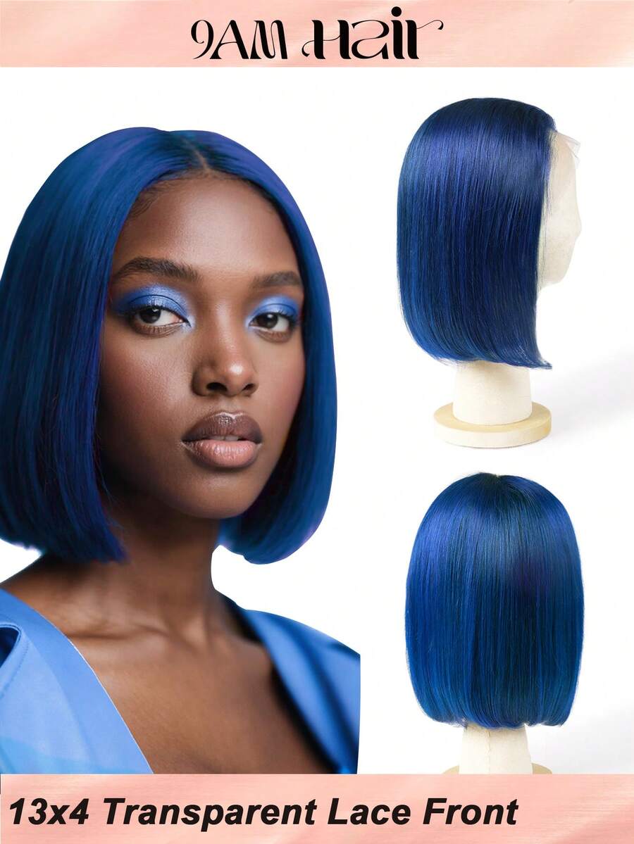 蓝色假发 Bob 真人发 13x4 蕾丝前发假发 预拔婴儿发 健康直发蕾丝前发 Bob 假发 女士 150% 密度真人发假发 - SBlue - 查看 1