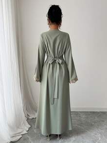 Rafferiza Petite 女士宽松V领荷叶边长袖长袍，土耳其长袍，阿拉伯长袍 - 綠色 - 查看 2